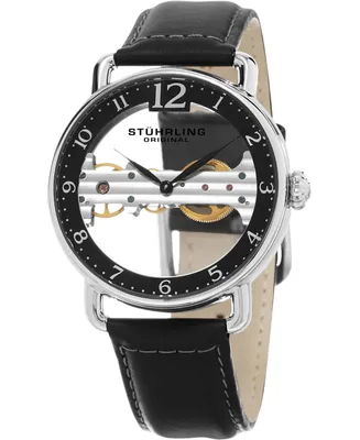 Stuhrling Men's Mechanical Bridge Watch, Silver Tone Case on Black Genuine Leather Strap, Black Skeletonized Dial with Exposed Bridge Movement, Silver