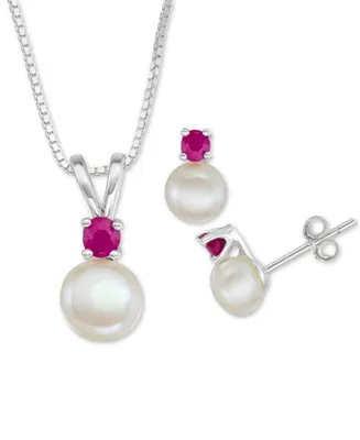 Cultured Freshwater Pearl (6mm-7mm) & Ruby (1/2 ct. t.w.) 18" Pendant Necklace Stud Earrings Set Sterling Silver