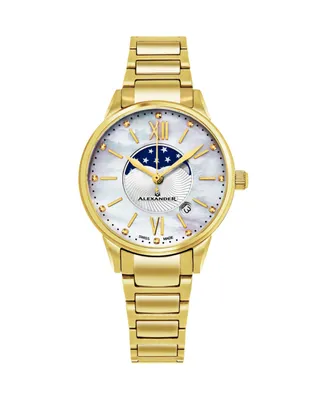 Alexander Watch A204B-05, Ladies Quartz Moonphase Date Watch with Yellow Gold Tone Stainless Steel Case on Yellow Gold Tone Stainless Steel Bracelet