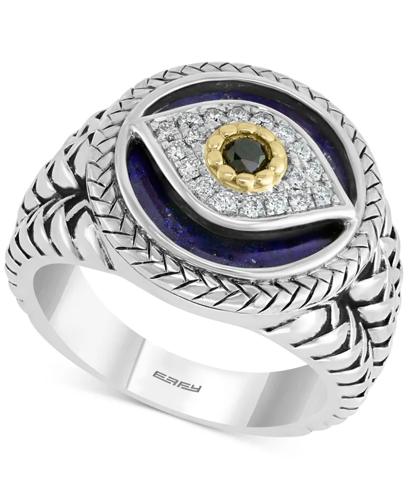 Effy Men's Multi-Gemstone & Diamond (1/10 ct. t.w.) Evil Eye Ring Sterling Silver 14k Gold