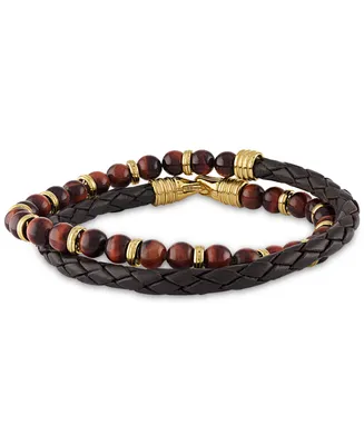 Esquire Men's Jewelry Double-Wrap Tiger's Eye Bracelet in 14k Gold Over Sterling Silver