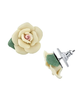 2028 Silver-Tone Large Porcelain Rose Earrings