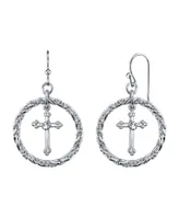 2028 Silver Tone Suspended Cross Hoop Drop Earrings