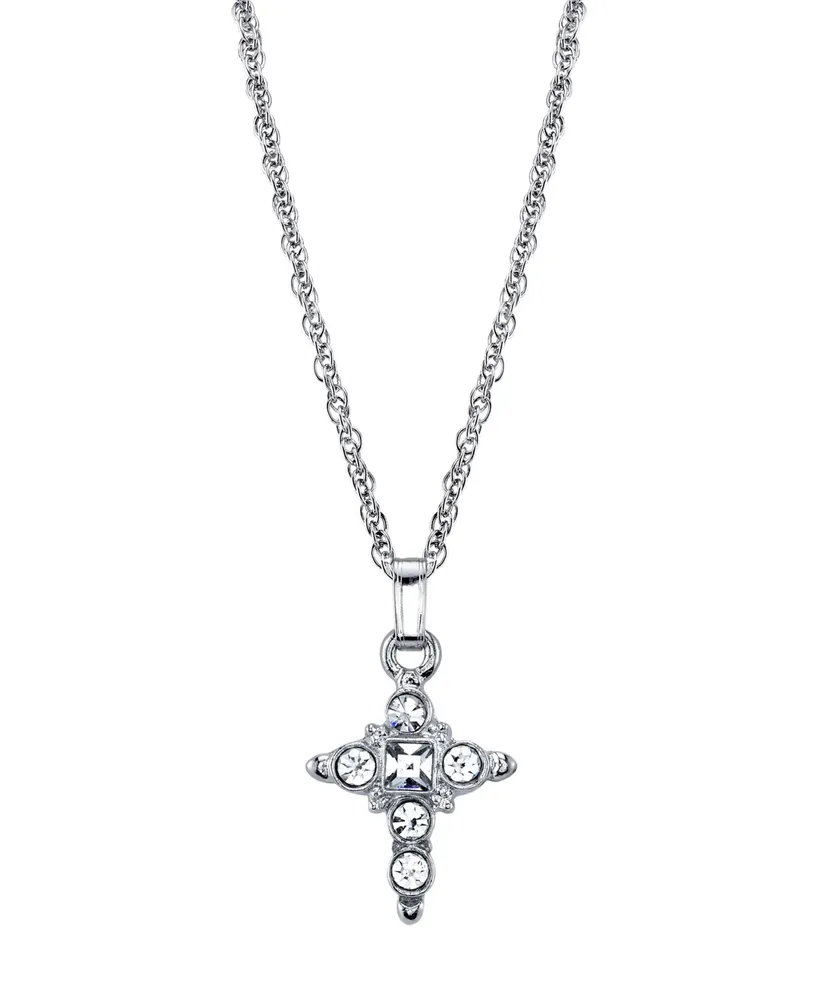 2028 Silver Tone Crystal Cross Pendant Necklace 16" Adjustable
