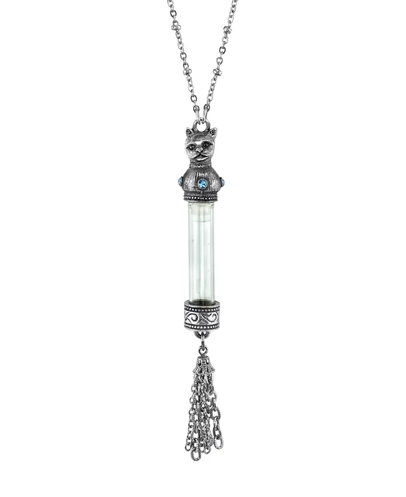 2028 Antiqued Pewter Blue Crystal Cat Vial Tassle Necklace 30"