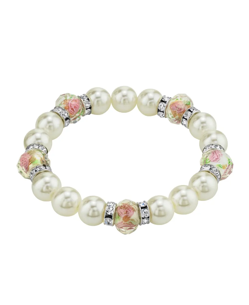 2028 Silver Tone Faux Pearl Pink Flower Beaded Stretch Bracelet