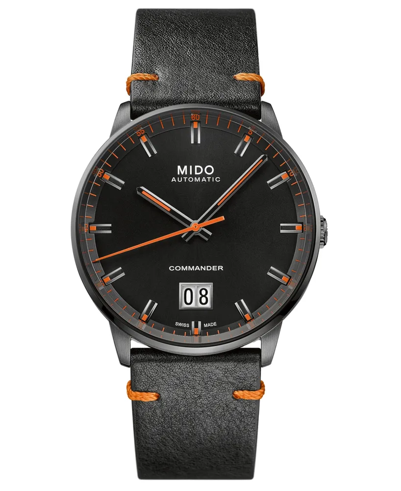 Mido Men's Swiss Automatic Commander Big Date Black Leather Strap Watch 42mm