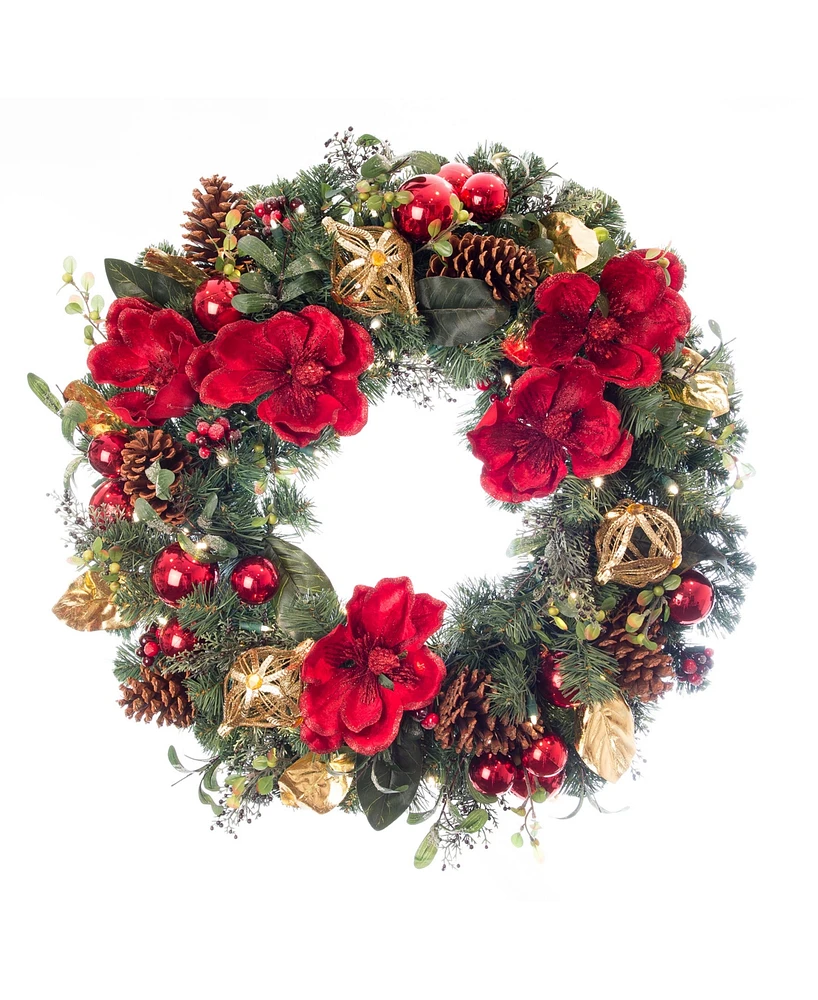 Village Lighting 30" Lighted Christmas Wreath, Red Magnolia