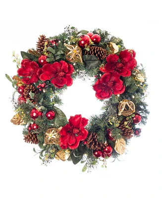 Village Lighting 30" Lighted Christmas Wreath, Red Magnolia