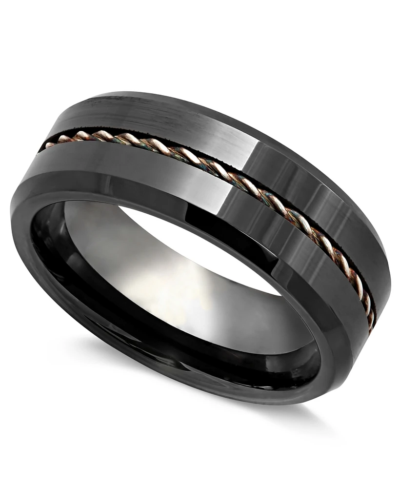 Men's Sterling Silver Ring, Black Ceramic With Sterling Silver Rope Inlay Ring