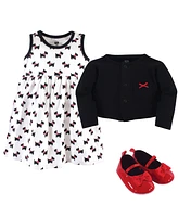 Hudson Baby Girls Cotton Dress, Cardigan and Shoe 3pc Set