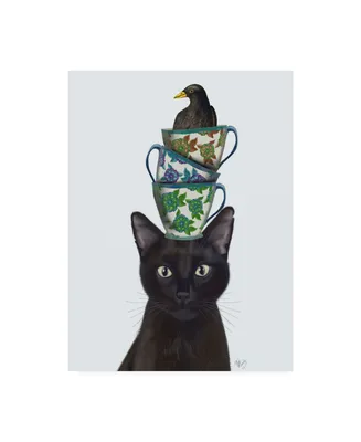 Fab Funky Black Cat with Teacups and Blackbird Canvas Art