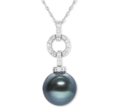 Black Tahitian Pearl (10mm) & Diamond (1/4 ct. t.w.) 18" Pendant Necklace in 14k White Gold