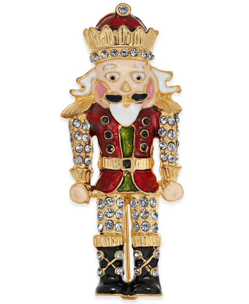 Holiday Lane Gold-Tone Crystal Nutcracker Pin, Created for Macy's