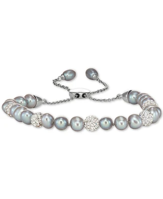 White Cultured Freshwater Pearl (6mm) & Crystals Bolo Bracelet Sterling Silver