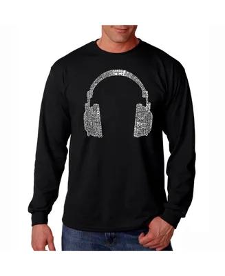 La Pop Art Men's Word Long Sleeve T-Shirt- Headphones - 63 Genres of Music