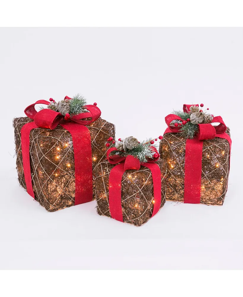 Gerson & Gerson Assorted Electric Gift Boxes with Natural Vine with a Red Burlap Ribbon Accent - Set of 3