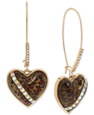 Betsey Johnson Gold-Tone Crystal Leopard Animal-Print Heart Drop Earrings