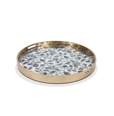 The Gg Collection 25.8-Inch Etched Floral Collection Round Blue Petite Floral Mirror Tray