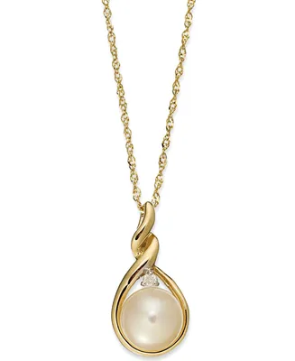 14k Gold Necklace, Cultured Freshwater Pearl and Diamond Accent Twist Pendant
