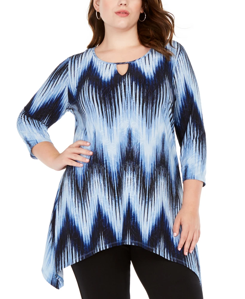 Ny Collection Plus Size Printed Handkerchief-Hem Top