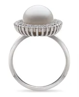 Cultured Freshwater Pearl (9-10 mm) and Cubic Zirconia Encrusted Ring in Sterling Silver