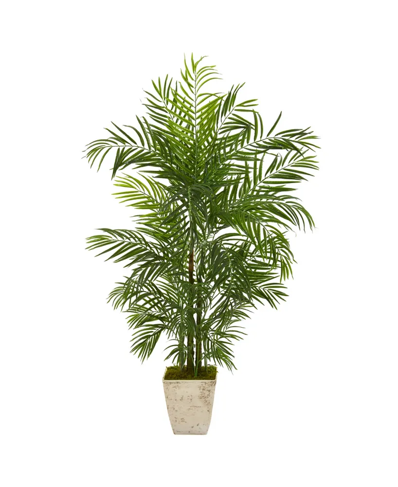 Nearly Natural 63" Areca Artificial Palm Tree in Country White Planter Uv Resistant Indoor/Outdoor