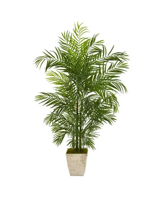 Nearly Natural 63" Areca Artificial Palm Tree in Country White Planter Uv Resistant Indoor/Outdoor