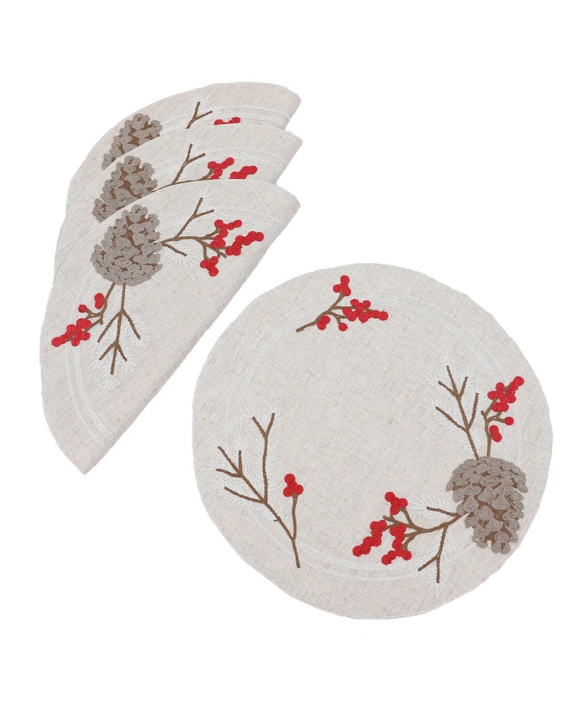 Manor Luxe Christmas Pine Cone Crewel Embroidered Placemats, Set of 4