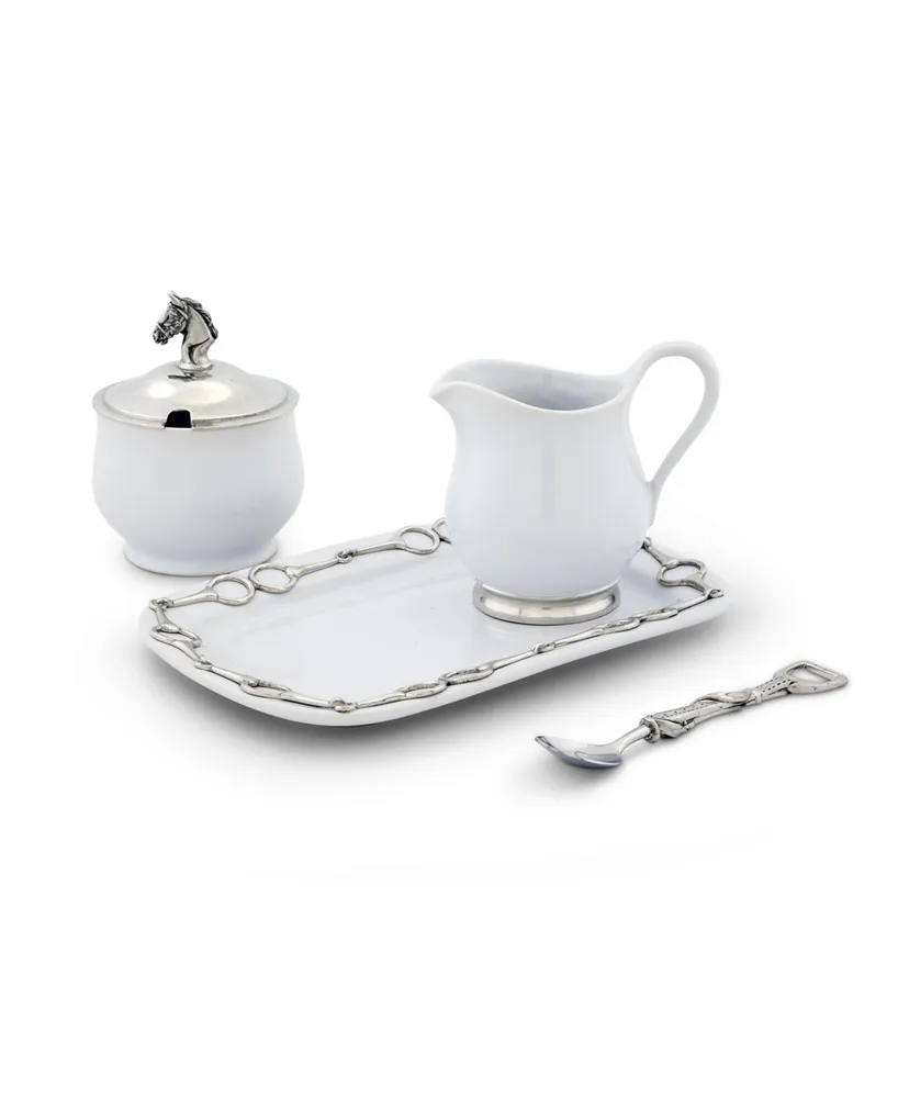 Vagabond House Stoneware Sugar and Creamer Set "Equestrian" with Tray and Solid Pewter Accents