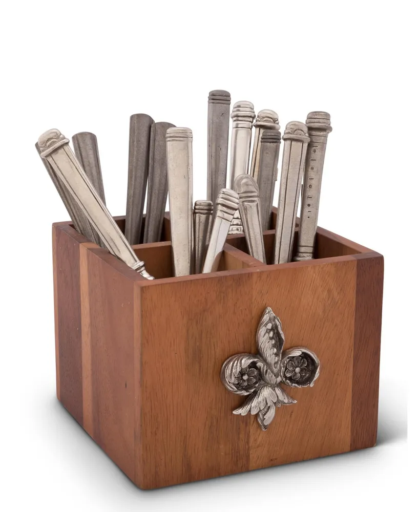 Vagabond House Square Caddy Acacia Wood Flatware, Serve Ware, Utensil, Carry-All Holder with Solid Pewter Fleur De Lis Accent, 4 Compartments