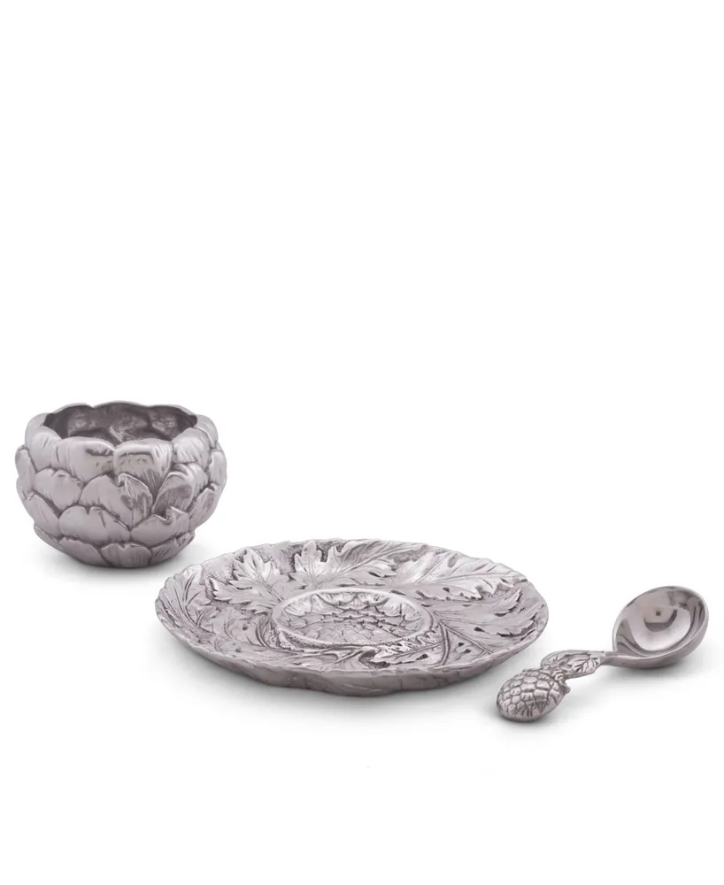 Arthur Court Aluminum Artichoke Condiment Set 3 Piece Bowl, Tray, Spoon