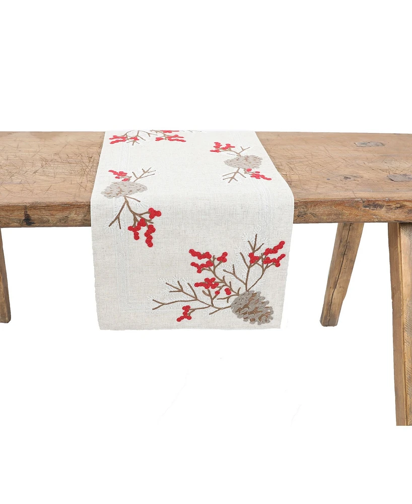 Manor Luxe Christmas Pine Cone Crewel Embroidered Table Runner