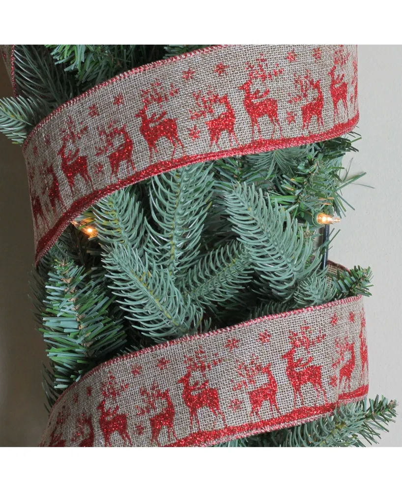 Northlight Wandering Red Reindeer Brown Burlap Wired Christmas Craft Ribbon 2.5" x 10 Yards