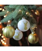 Northlight 4ct Champagne Gold and White Striped Deer Christmas Glass Ball Ornaments 4.5" 100 mm