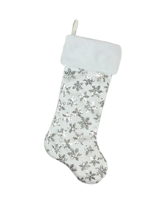 Northlight 19" White and Silver Sequin Snowflake Christmas Stocking with Faux Fur Cuff