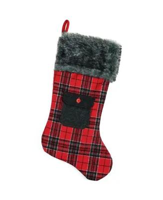 Northlight 20.5" Red and Black Plaid Christmas Stocking with Pocket and Faux Fur Cuff