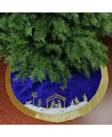 Northlight 48" Blue and Gold Nativity Scene Christmas Tree Skirt with Gold Border