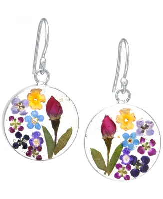 Medium Round Dried Flower Earrings in Sterling Silver. Available in Multi, Blue or Purple
