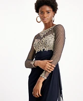 Xscape Petite Embellished Illusion-Bodice Ruched Gown