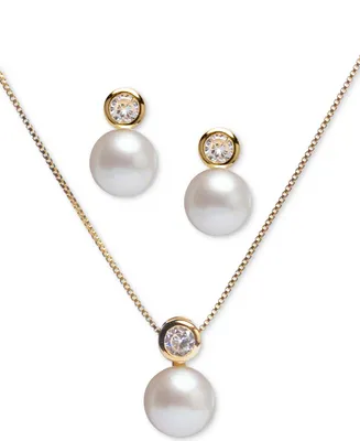 2-Pc. Set Cultured Freshwater Pearl (8mm) & Cubic Zirconia 18" Pendant Necklace and Stud Earrings Set in 18k Gold-Plated Sterling Silver