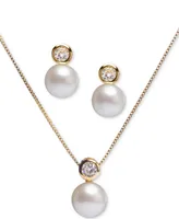 2-Pc. Set Cultured Freshwater Pearl (8mm) & Cubic Zirconia 18" Pendant Necklace and Stud Earrings Set in 18k Gold-Plated Sterling Silver