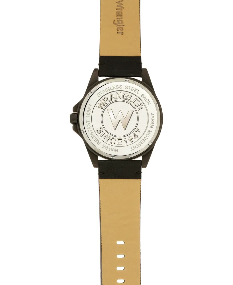 Wrangler Men's Black Faux Leather Strap Watch, 48MM