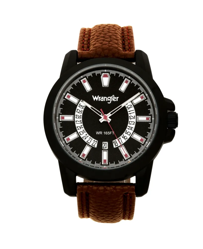 Wrangler Men's Watch, 46MM Ip Black Sandblasted Case and Bezel, Black Dial, White and Beige Index Markers, Dual Crescent Cutouts For Date Function, An