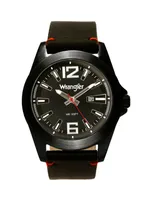 Wrangler Men's Watch, 48MM Silver Case, Black Dial, Black Strap, Analog, Second Hand, Date Function