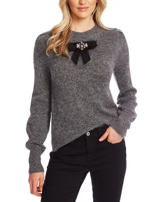 CeCe Women's Long Sleeve Bow Detail Crewneck Sweater