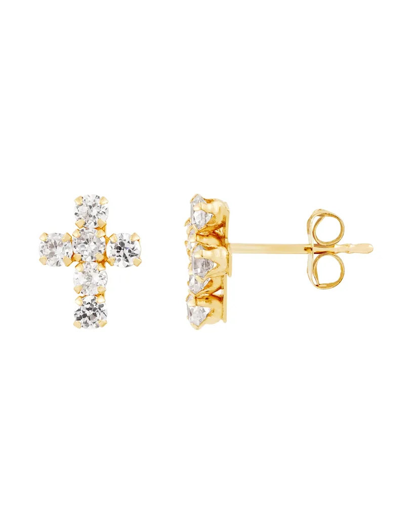 Cubic Zirconia Cross Button Earrings in 14K Gold