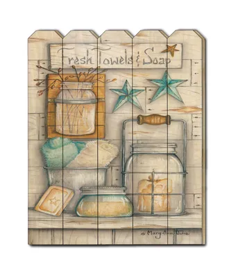 Trendy Decor 4U Fresh Towels Soap by Mary Ann June, Printed Wall Art on a Wood Picket Fence, 16" x 20"