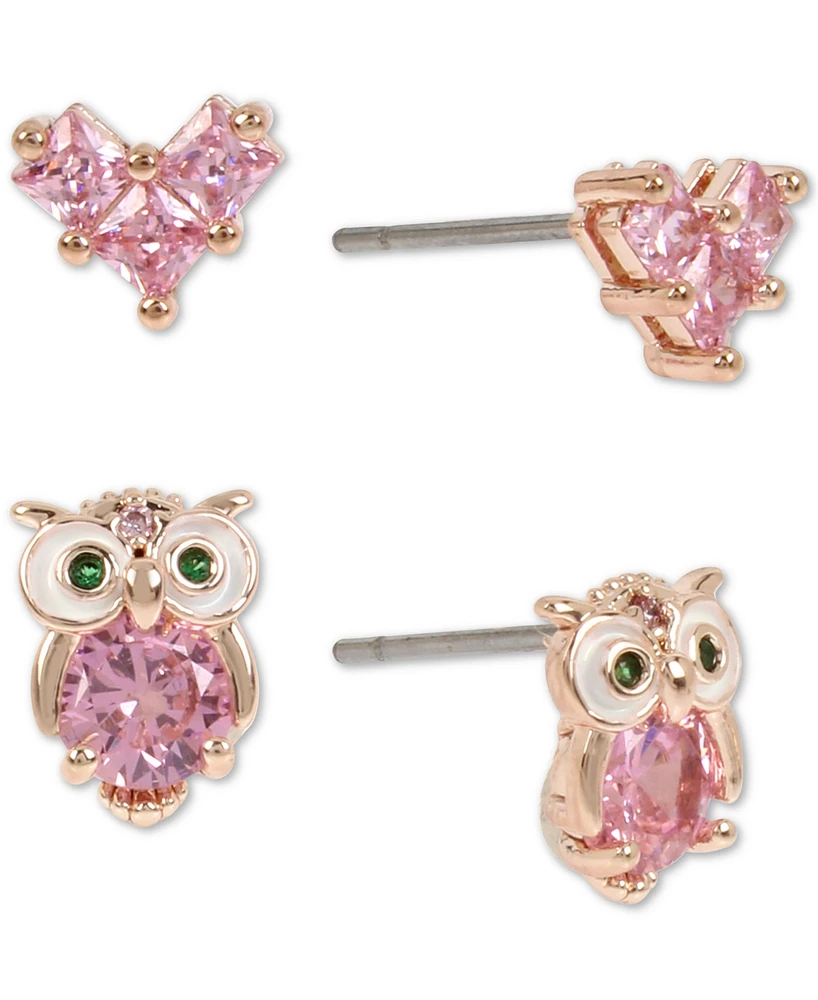 Betsey Johnson Rose Gold-Tone 2-Pc. Set Crystal Owl & Heart Stud Earrings