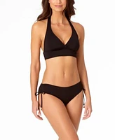 Anne Cole Womens Solid Banded Halter Bikini Top Ruched Side Bikini Bottoms